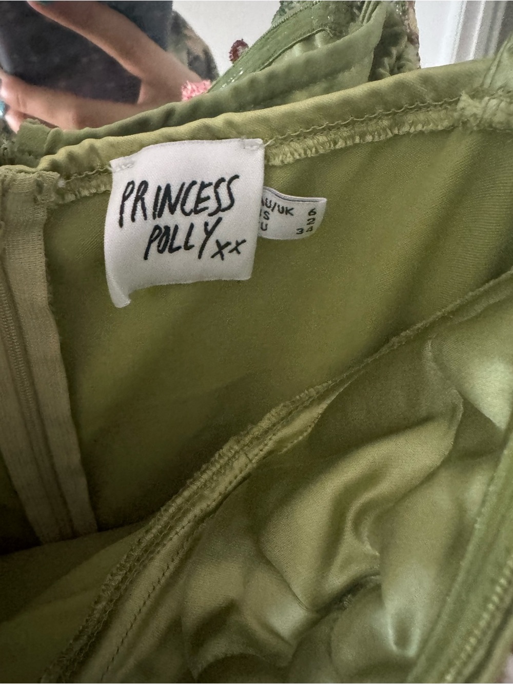 Princess Polly Green Satin Slip Dress with Floral Embroidered Straps - Picture 3 of 4